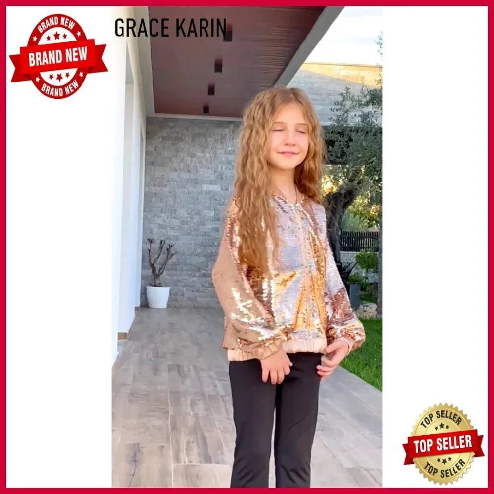 Sparkle Sequin Bomber Jacket Kids Windproof Fall Coat Zipper Front Elastic Hem